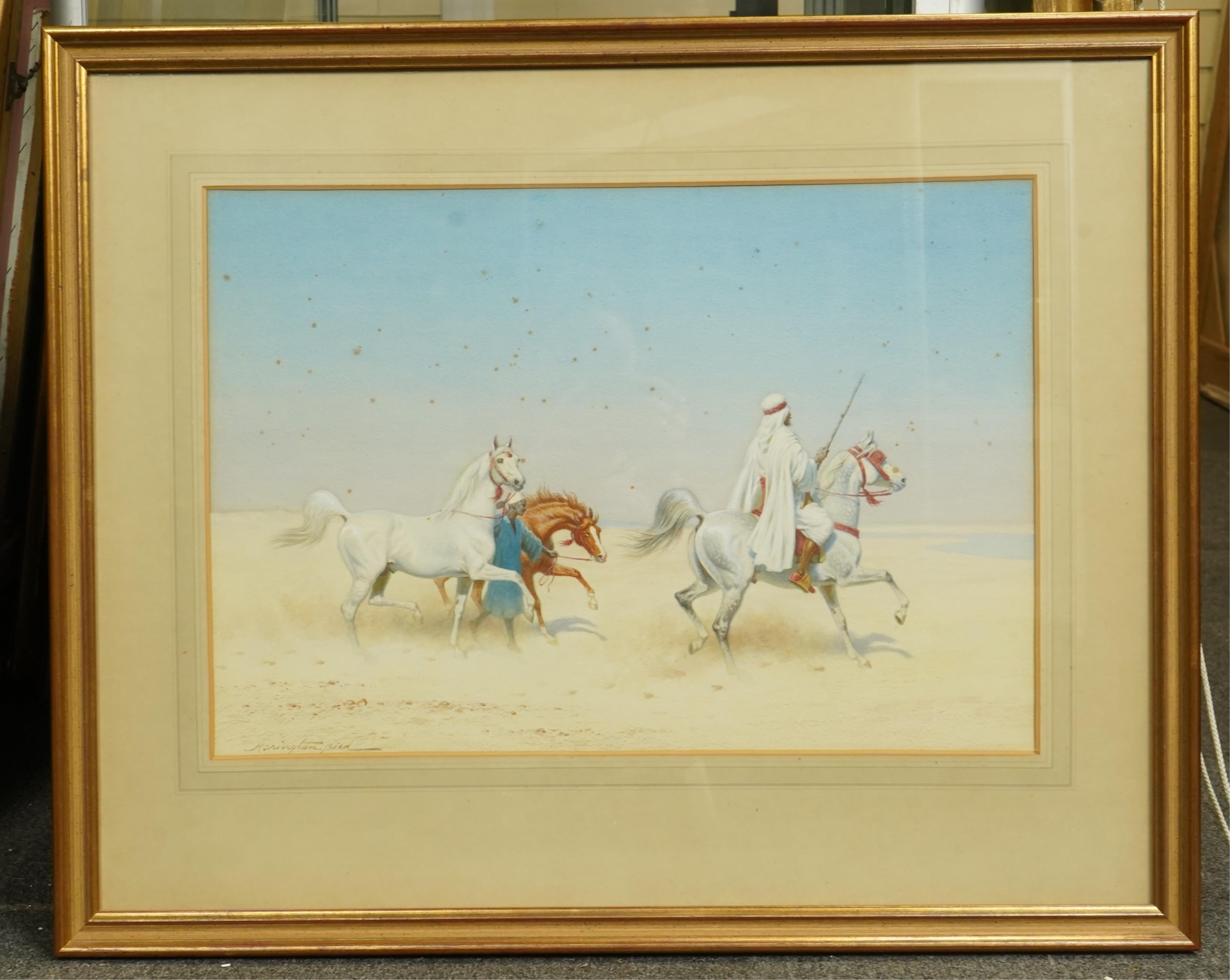 John Alexander Harrington Bird (English, 1846-1936), Arab warrior on horseback and groom leading two further horses, watercolour, 35 x 51.5cm